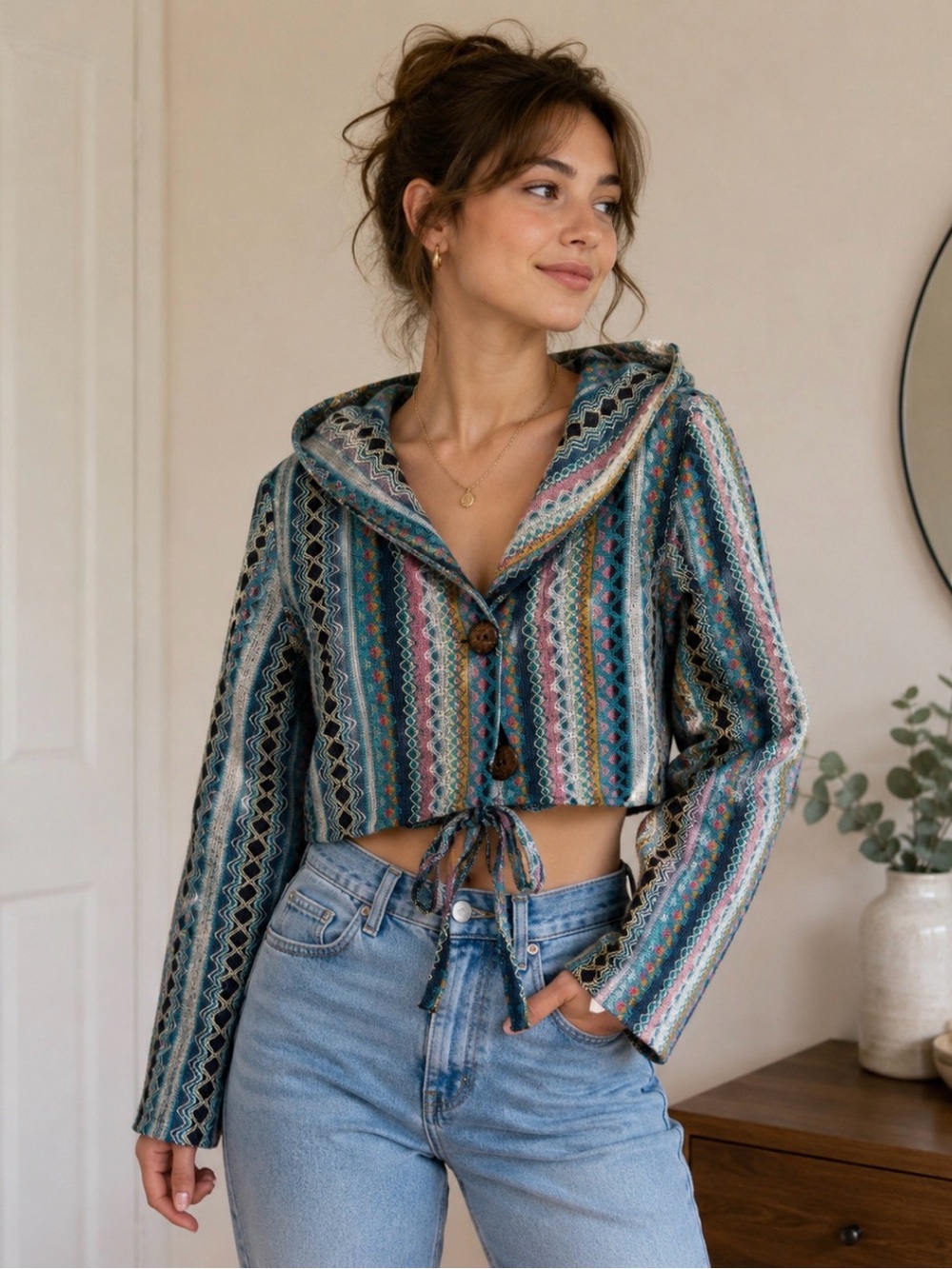 Oversized Hooded cropped jacket with Wood Buttons